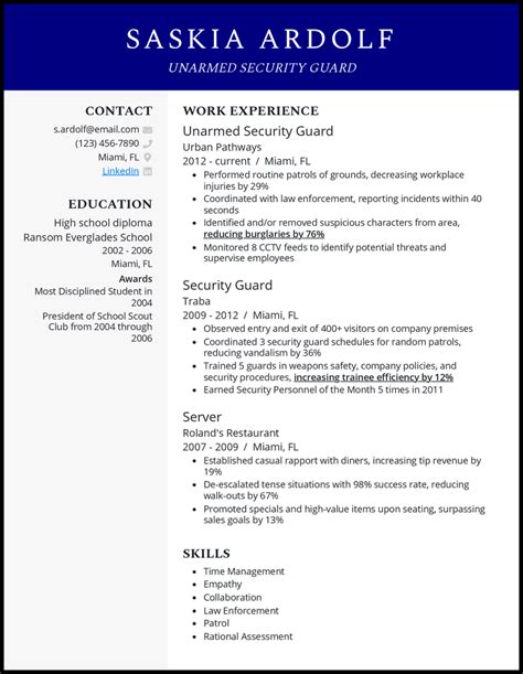 security guard resume example|unarmed security guard resume sample.